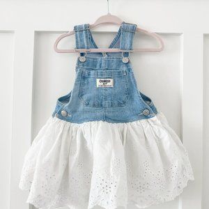 OshKosh B'gosh Toddler Girls Denim Eyelet Lace Overalls Dress Size 18 Months